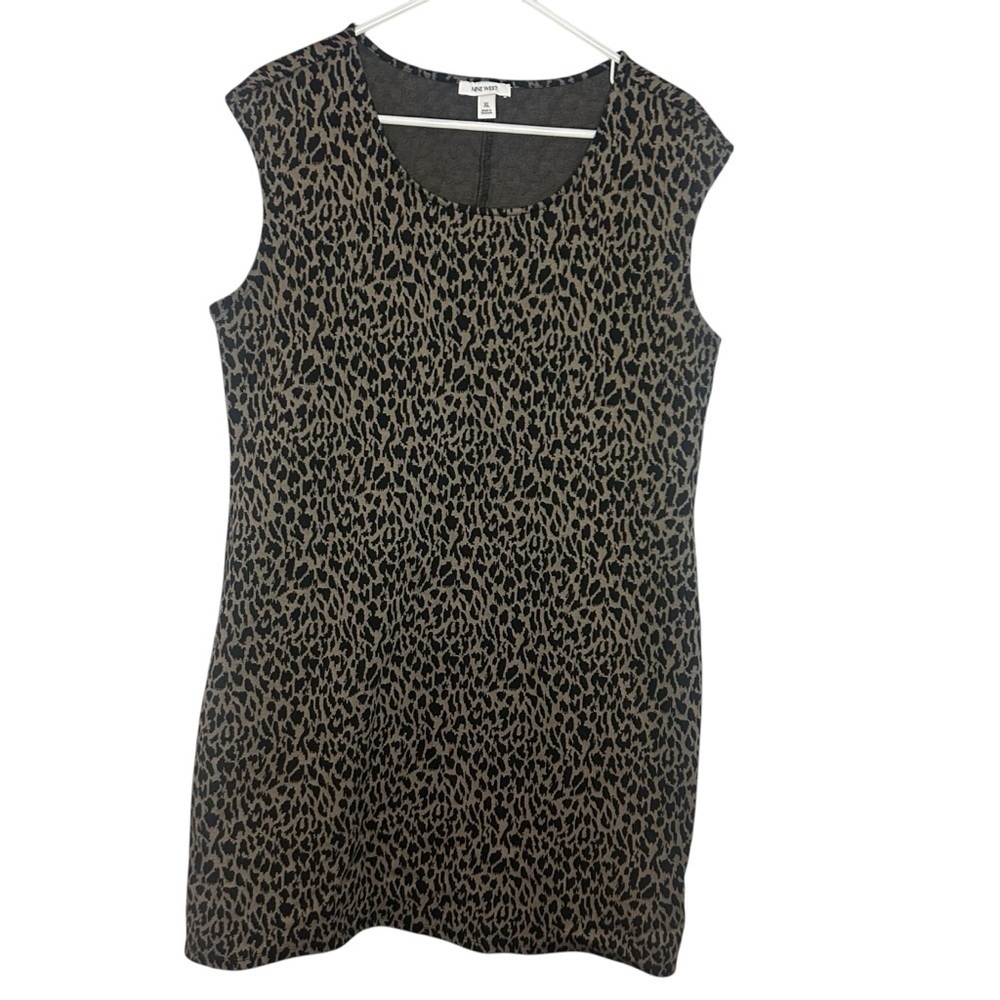 Nine West Leopard Print Sheath Dress XL Black Brown Stretch Career Cocktail